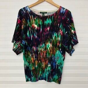 Lauren Ralph Lauren Womens XL Multicolor Abstract Sweater Knit Top Short Sleeve